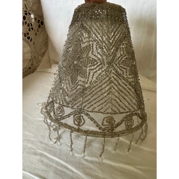 Beaded Lamp Shade Fringed gray small floral mesh 6x6x2.5” Victorian - Picture 8 of 14